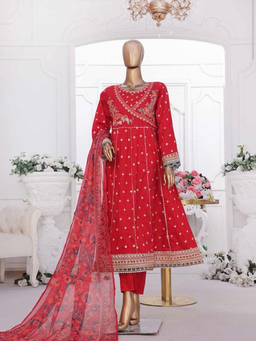 Bin Saeed Red Embroidered Anarkali Dress with Printed Dupatta
